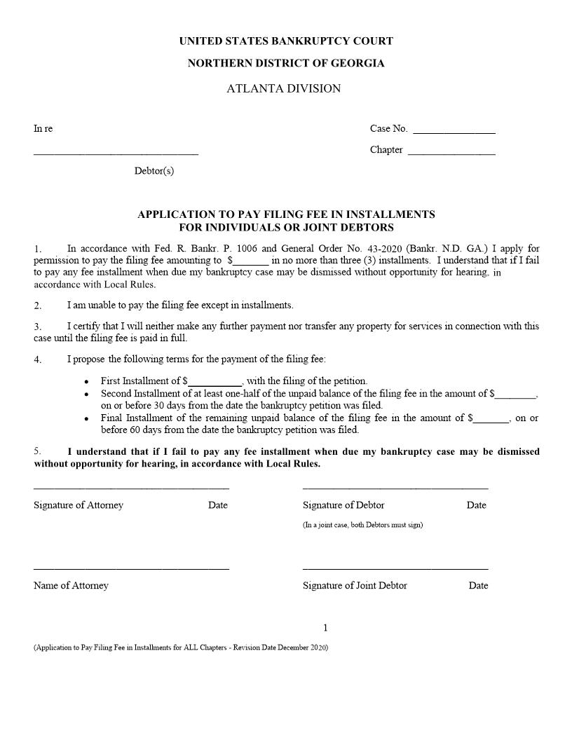 Application To Pay Filing Fee In Installments  | Pdf Fpdf Docx | Georgia