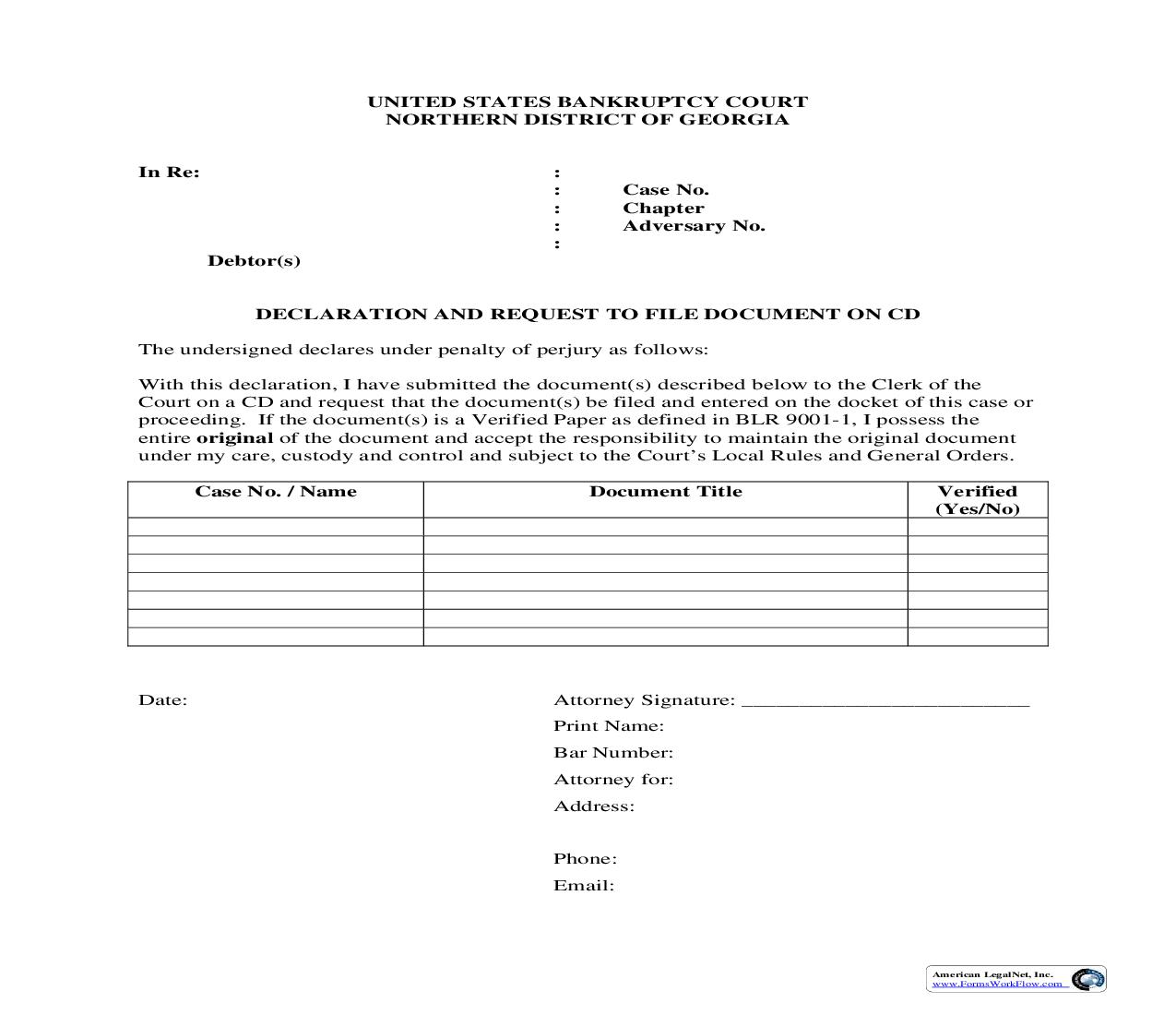 Declaration And Request To File Document On CD | Pdf Fpdf Doc Docx | Georgia