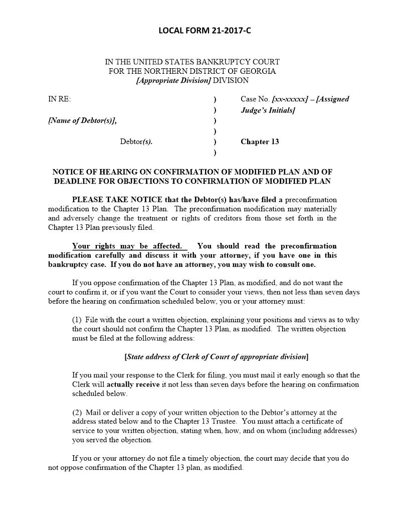 Notice Of Hearing On Confirmation Of Modified Plan And Of Deadline For Objections {21-2017-C} | Pdf Fpdf Docx | Georgia
