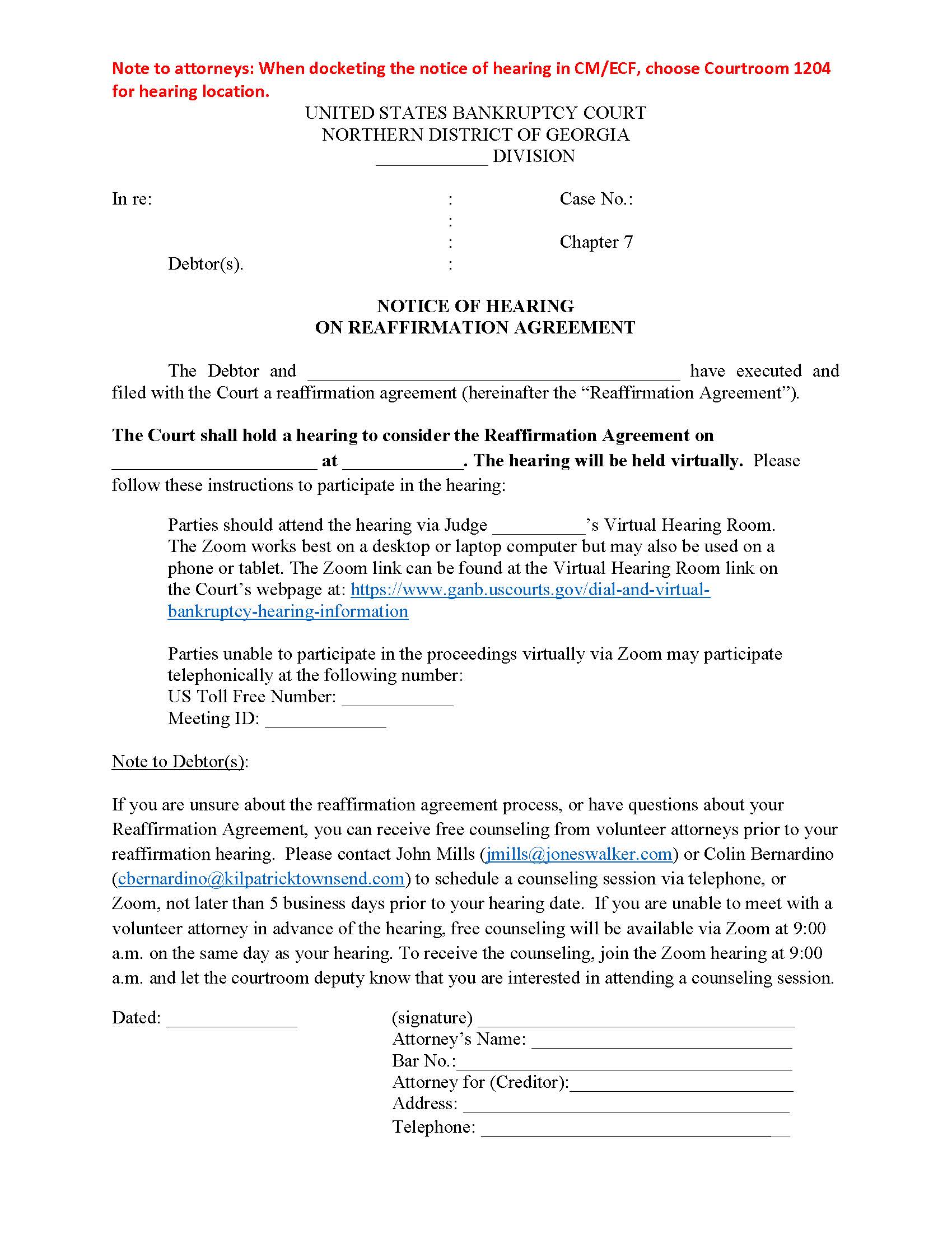 Notice Of Hearing On Reaffirmation Agreement | Pdf Fpdf Doc Docx | Georgia