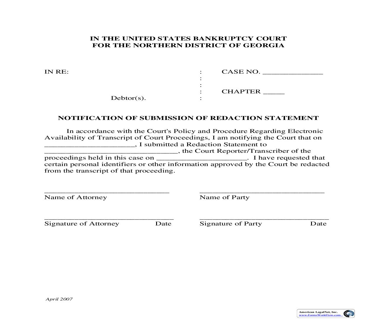 Notification Of Submission Of Redaction Statement | Pdf Fpdf Doc Docx | Georgia