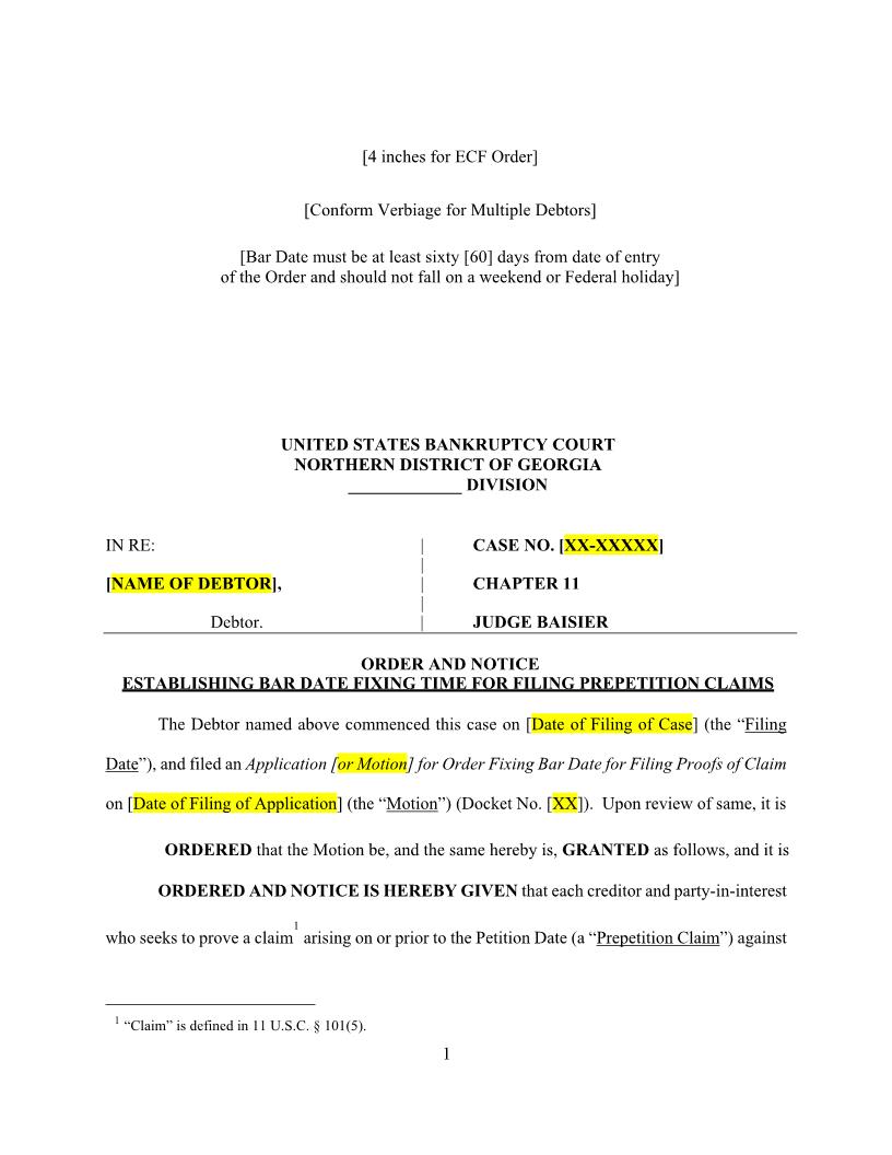 Order And Notice Establishing Bar Date (Judge Baisier) | Pdf Fpdf Docx | Georgia