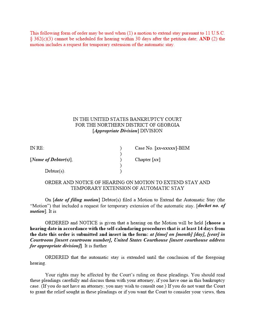 Order And Notice Of Hearing And Temporary Extension Of Automatic Stay (Judge Ellis-Monro) | Pdf Fpdf Docx | Georgia