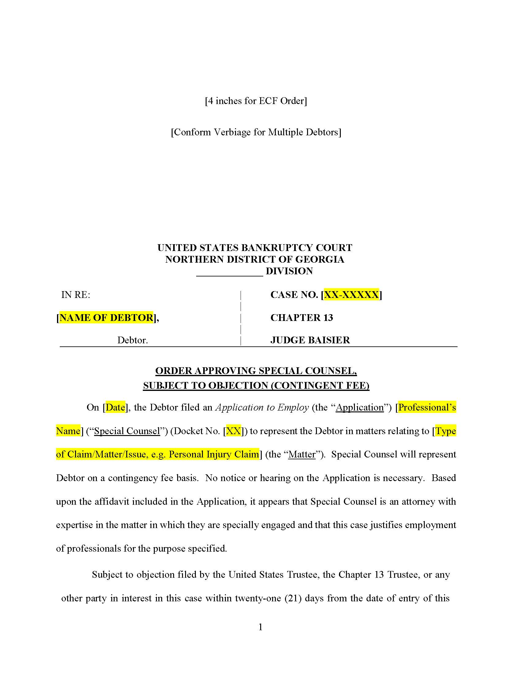 Order Approving Special Counsel (Contingent Fee Chapter 13) (Judge Baisier) | Pdf Fpdf Docx | Georgia