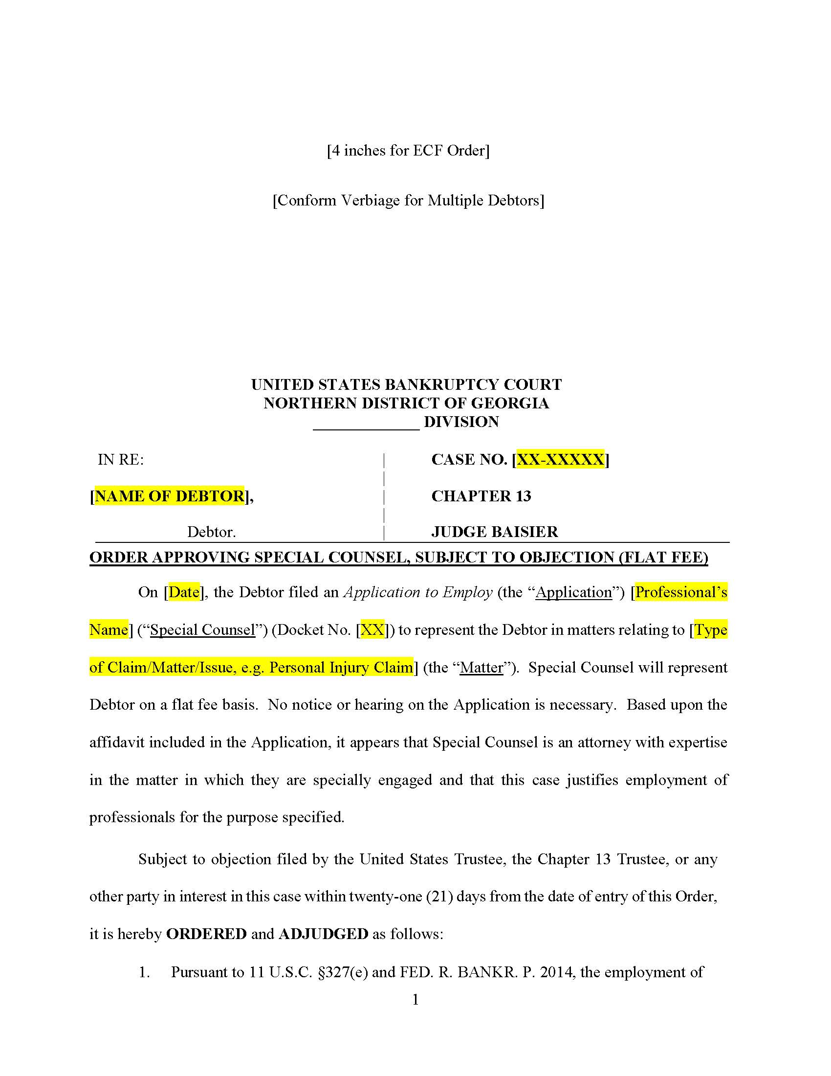 Order Approving Special Counsel (Flat Fee Chapter 13) (Judge Baisier) | Pdf Fpdf Docx | Georgia