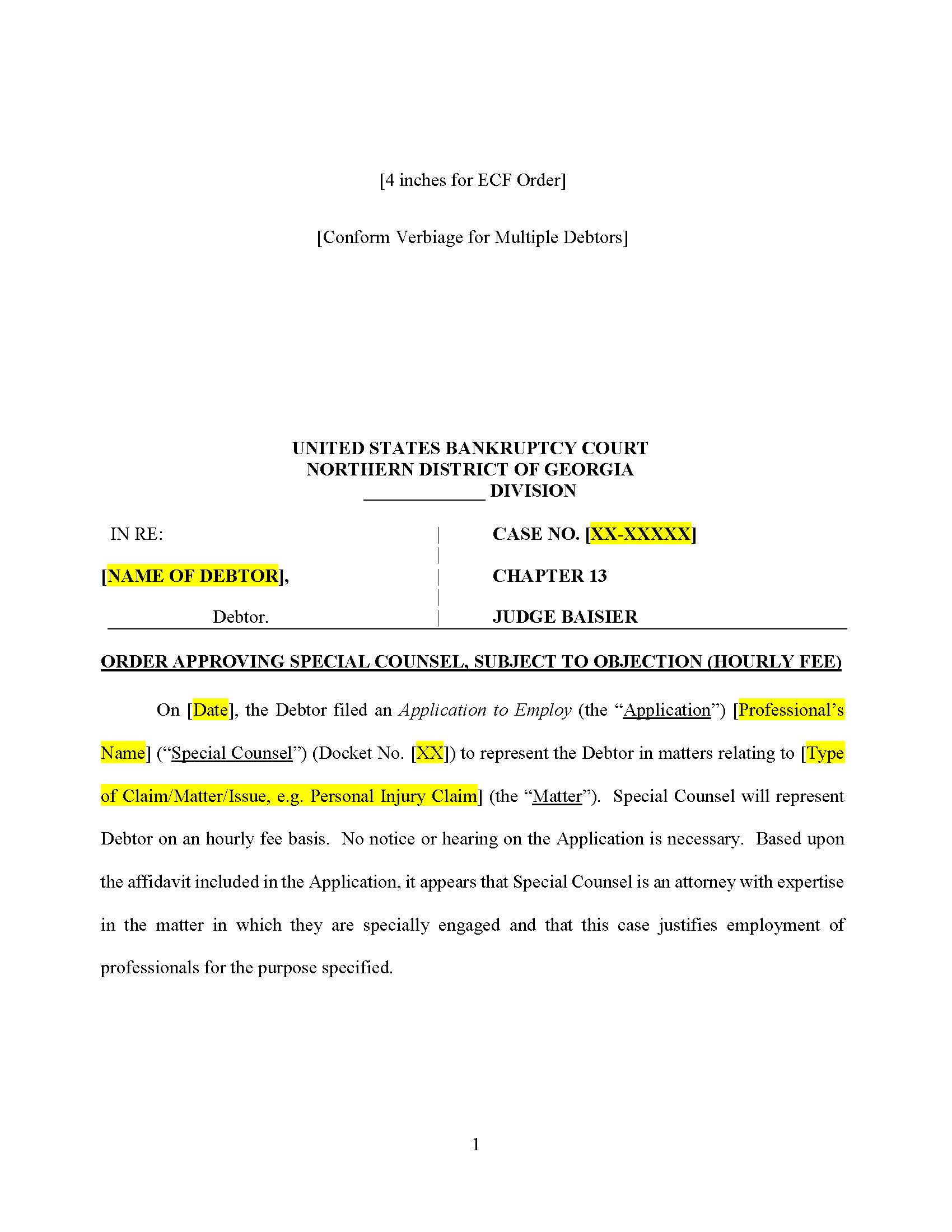 Order Approving Special Counsel (Hourly Fee Chapter 13) (Judge Baisier) | Pdf Fpdf Docx | Georgia