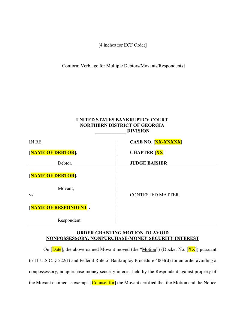 Order Granting Motion To Avoid Security Interest (Judge Baisier) | Pdf Fpdf Docx | Georgia