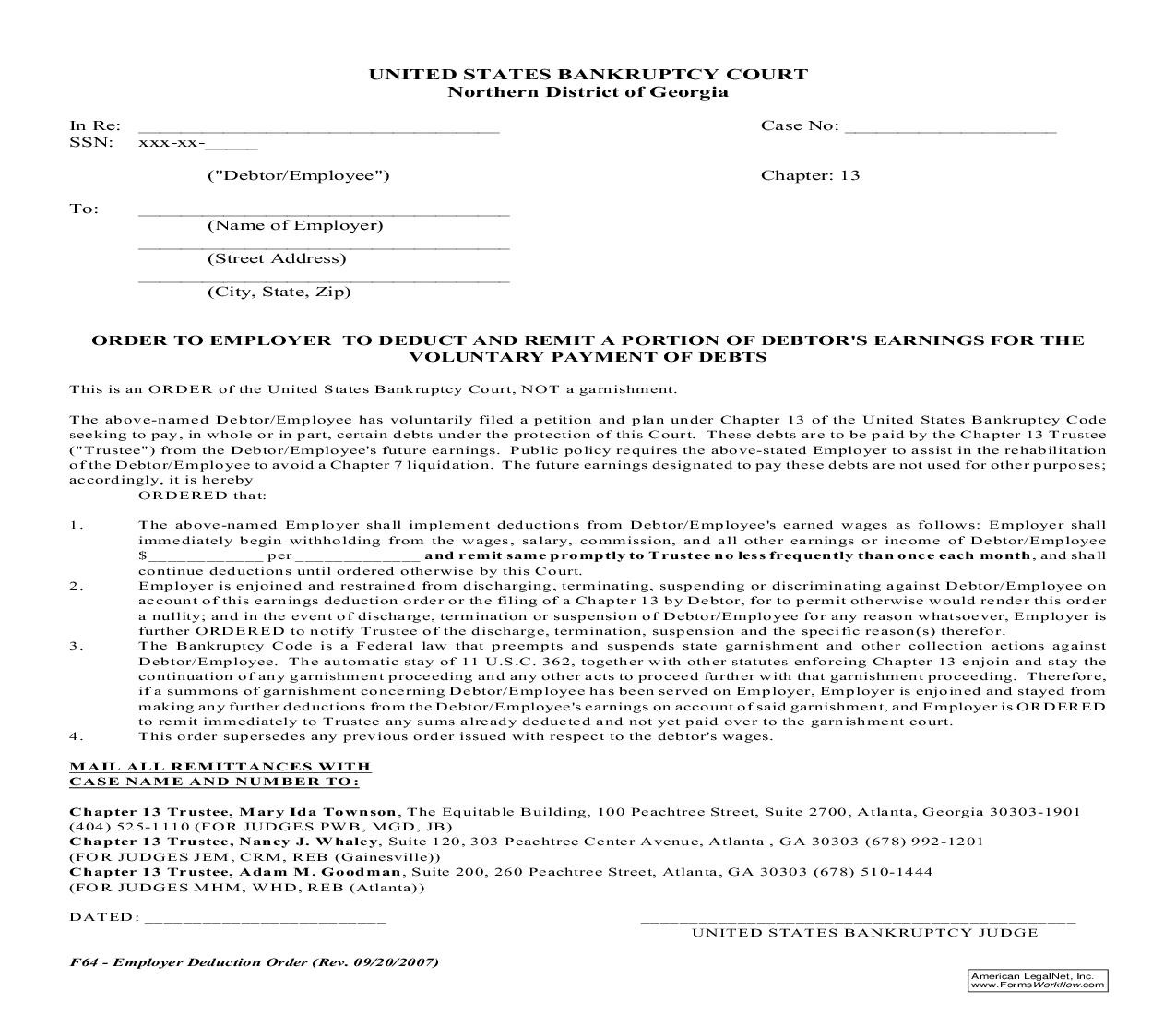 Order To Employer To Deduct And Remit Portion Of Debtors Earnings For Voluntary Payment Of Debts (Ch 13) {F64} | Pdf Fpdf Doc Docx | Georgia
