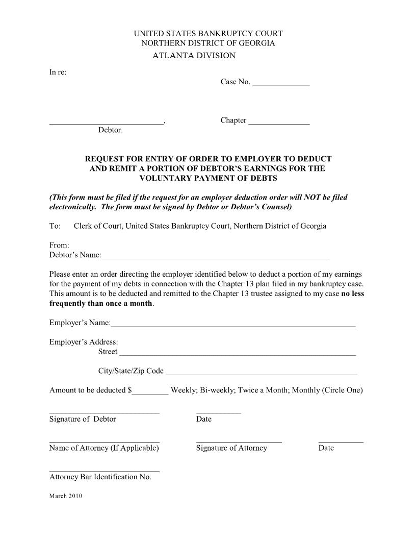 Request For Entry Of Order To Employer To Deduct Earnings | Pdf Fpdf Docx | Georgia