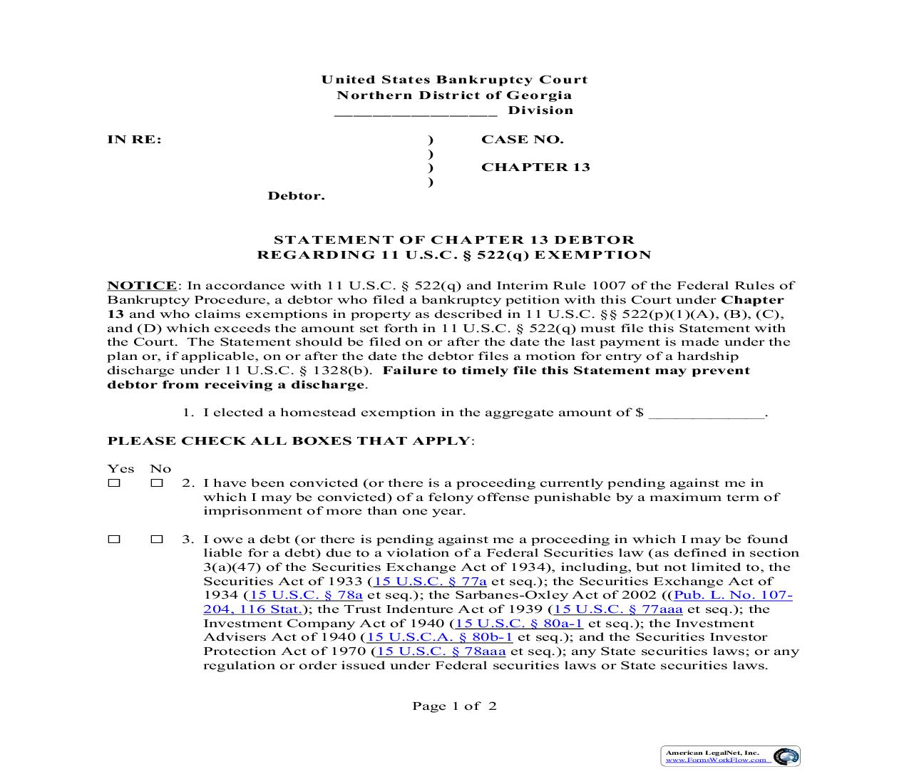 Statement Of Chapter 13 Debtor Regarding Exemption | Pdf Fpdf Doc Docx | Georgia