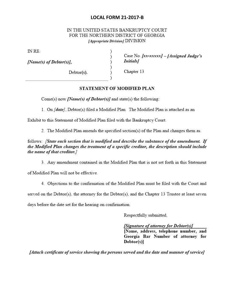 Statement Of Modified Plan {21-2017-B} | Pdf Fpdf Docx | Georgia