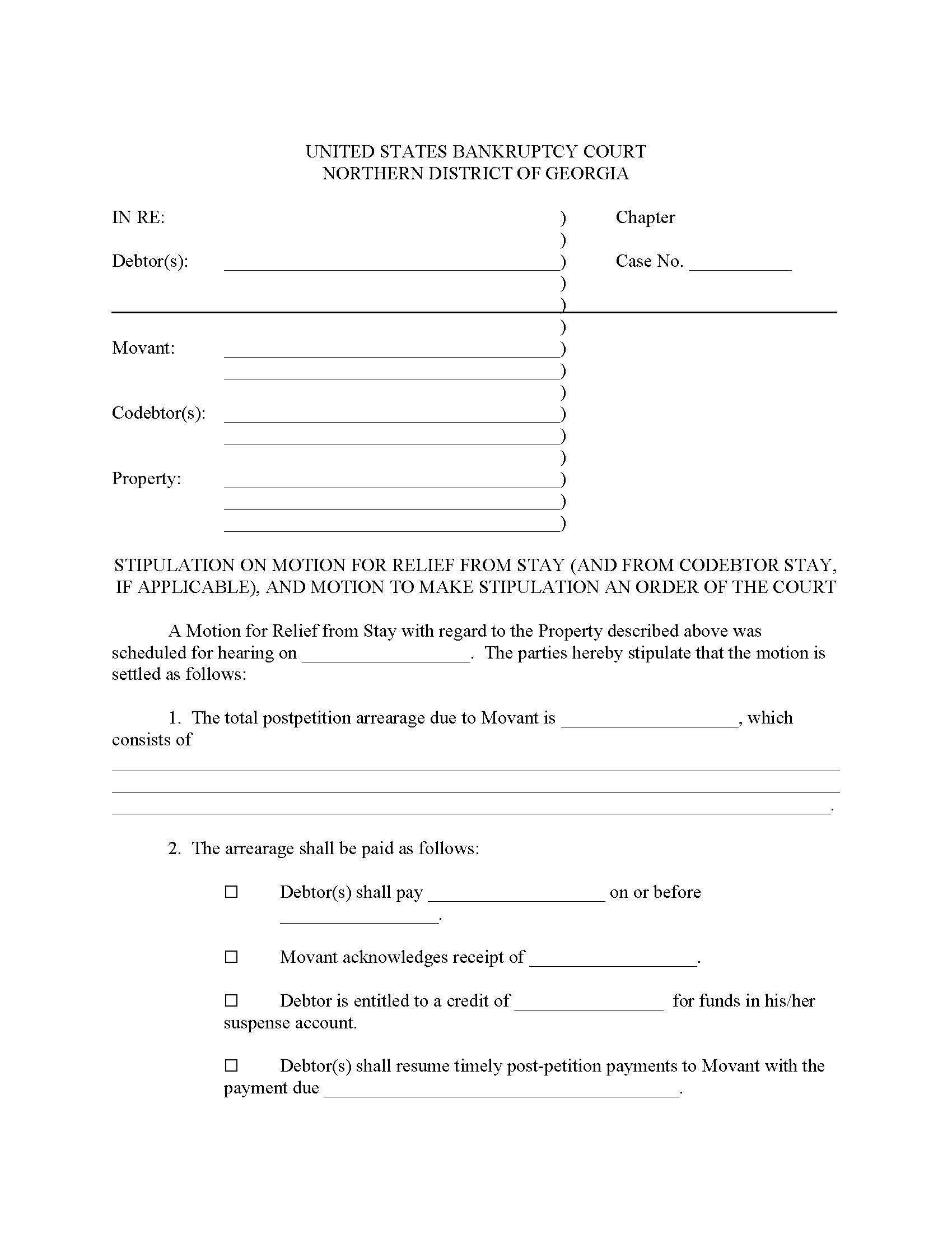 Stipulation On Motion For Relief From Stay | Pdf Fpdf Doc Docx | Georgia