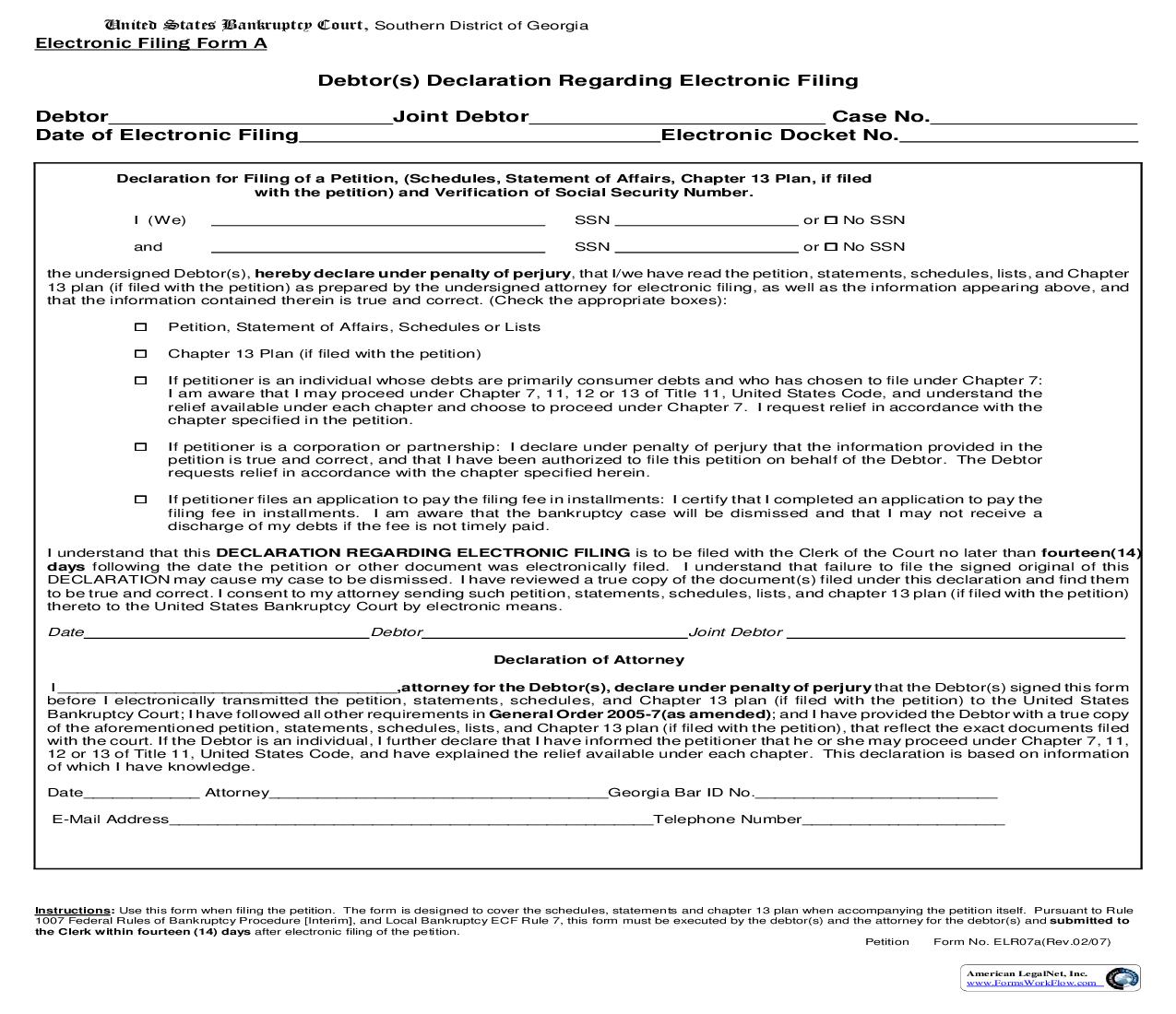 Debtor(s) Declaration Regarding Electronic Filing (Form A) {ELR07a} | Pdf Fpdf Doc Docx | Georgia