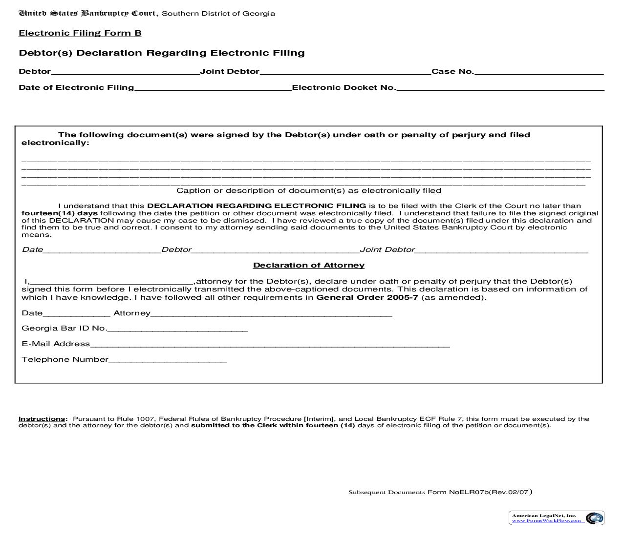 Debtor(s) Declaration Regarding Electronic Filing (Form B) {ELR07b} | Pdf Fpdf Doc Docx | Georgia