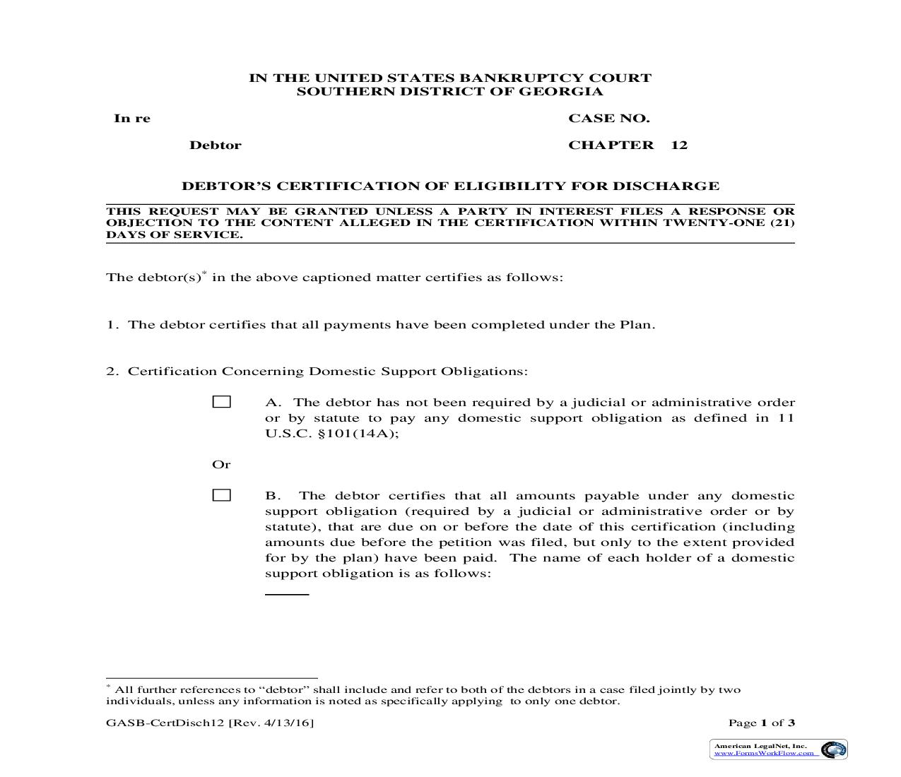 Debtors Certification Of Eligibility For Discharge (Ch 12) | Pdf Fpdf Doc Docx | Georgia