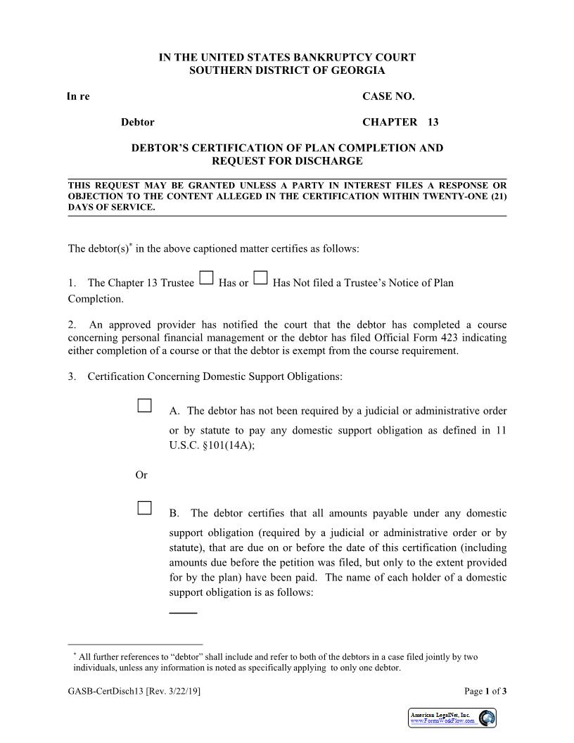Debtors Certification Of Plan Completion And Request For Discharge Ch 13 | Pdf Fpdf Docx | Georgia