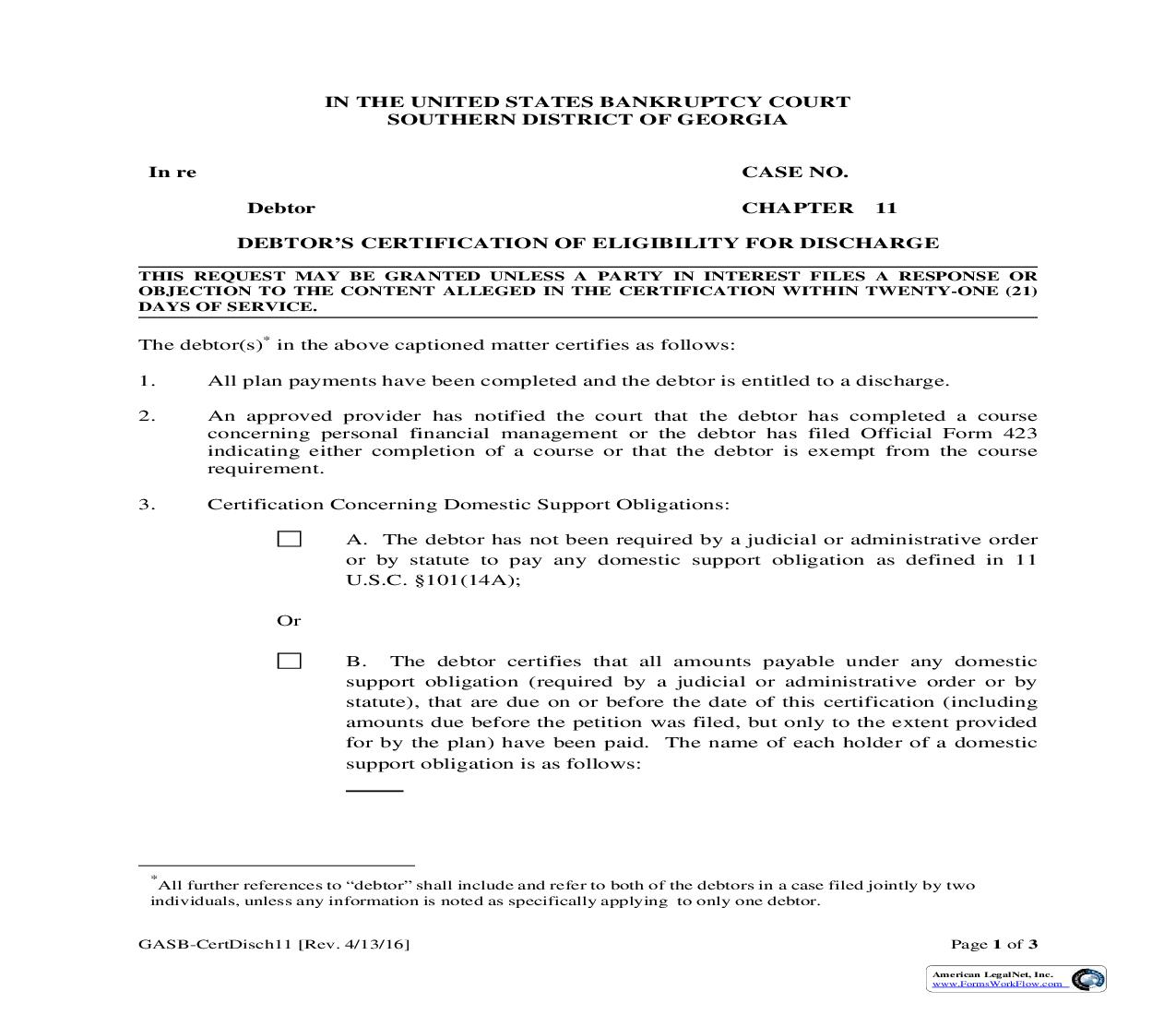 Debtors Certification of Eligibility for Discharge (Ch 11) | Pdf Fpdf Doc Docx | Georgia