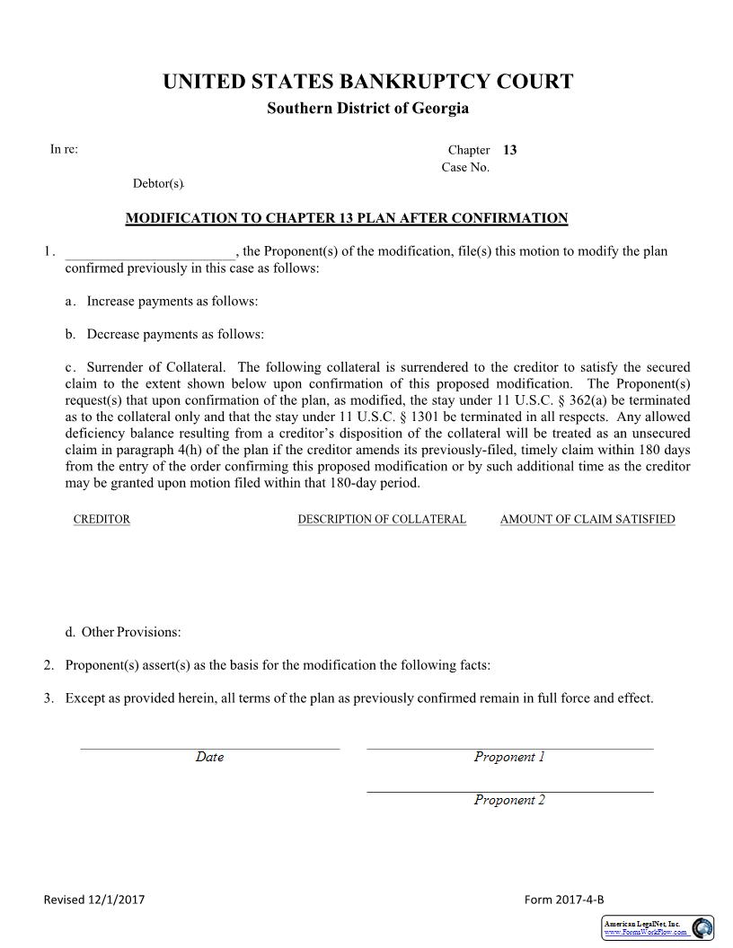 Modification To Chapter 13 Plan After Confirmation | Pdf Fpdf Docx | Georgia