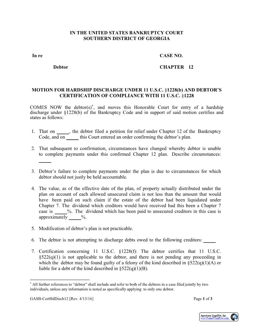 Motion For Hardship Discharge (Ch. 12) | Pdf Fpdf Docx | Georgia