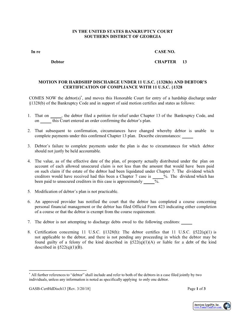 Motion For Hardship Discharge (Ch. 13) | Pdf Fpdf Docx | Georgia
