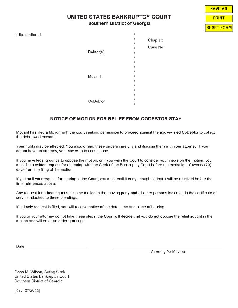 Notice Of Motion For Relief From Codebtor Stay | Pdf Fpdf Doc Docx | Georgia