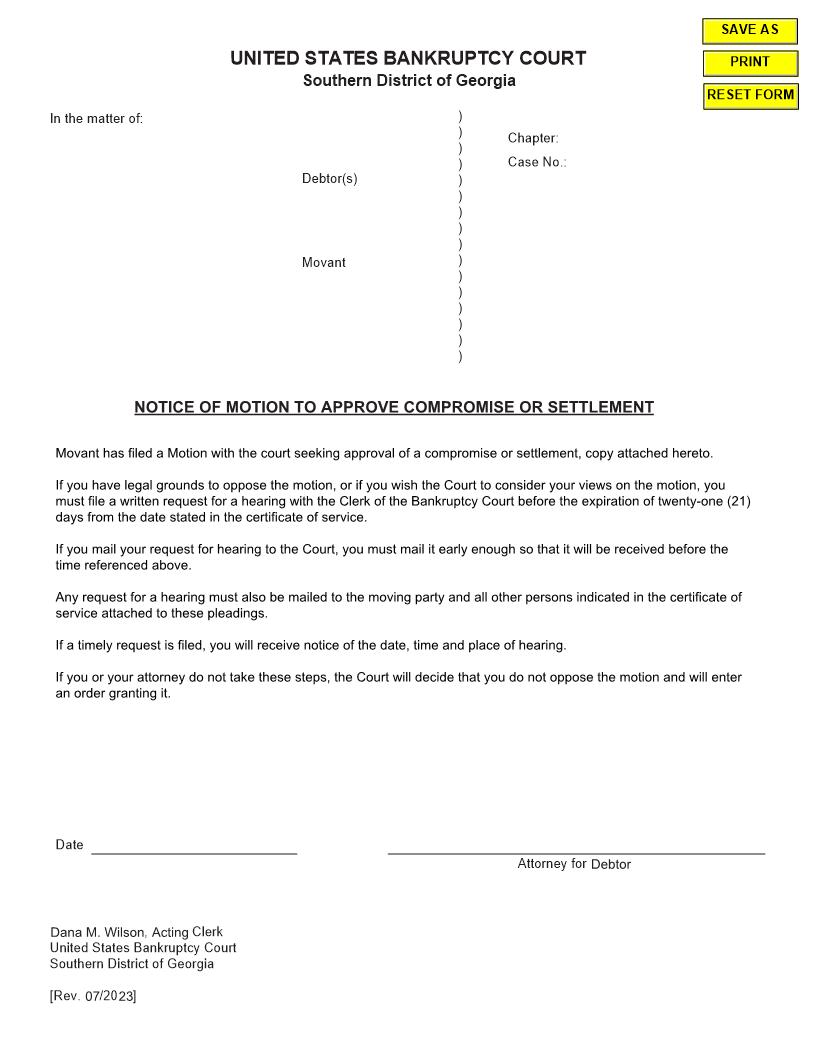 Notice Of Motion To Approve Compromise Or Settlement | Pdf Fpdf Doc Docx | Georgia