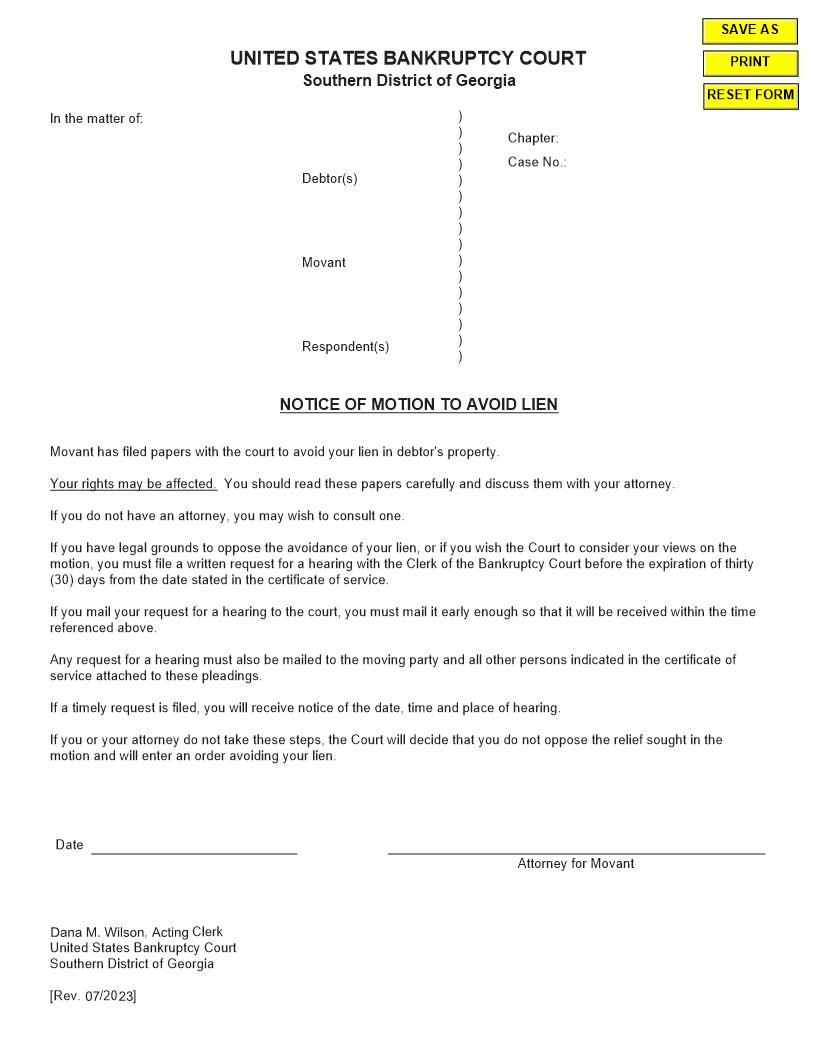 Notice Of Motion To Avoid Lien | Pdf Fpdf Doc Docx | Georgia