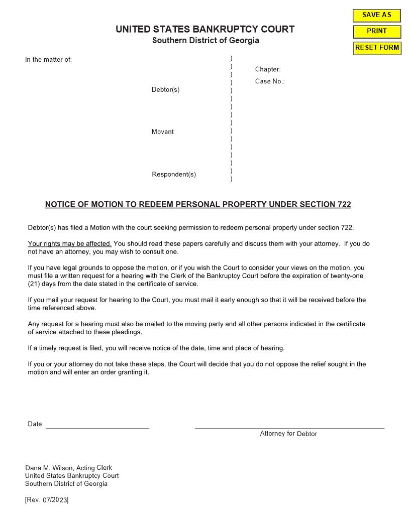 Notice Of Motion To Redeem Personal Property Under Section 722 | Pdf Fpdf Doc Docx | Georgia
