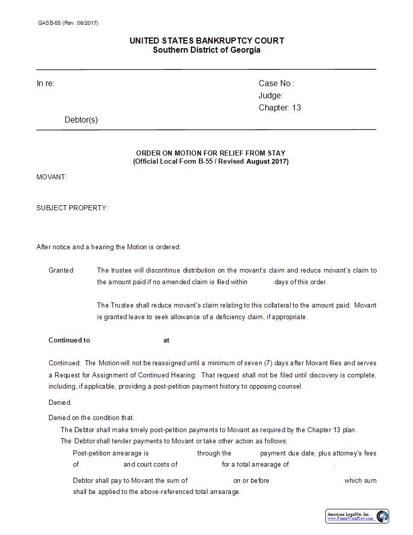 Order On Motion For Relief From Stay -- Pro se (Local) {B-55} | Pdf Fpdf Docx | Georgia