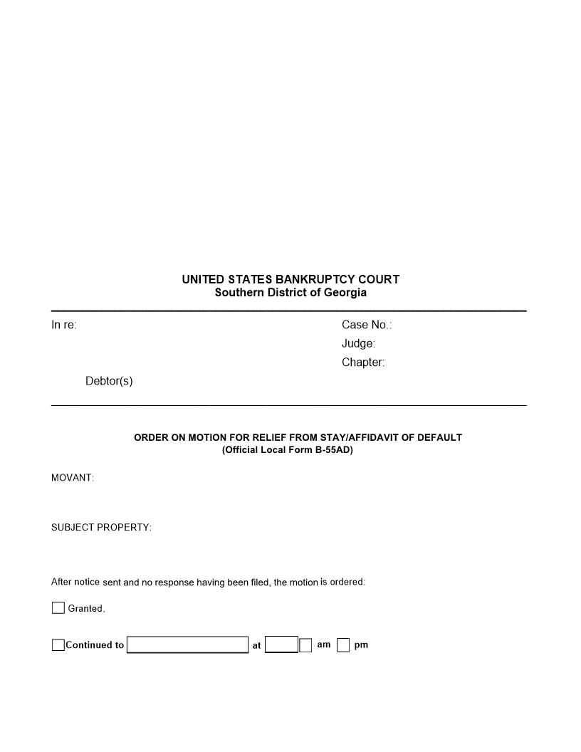 Order On Motion For Relief From Stay Affidavit Of Default {GASB-55ADE} | Pdf Fpdf Docx | Georgia