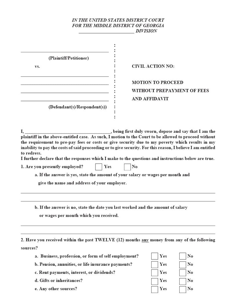 Motion To Proceed Without Prepayment Of Fees And Affidavit | Pdf Fpdf Doc Docx | Georgia