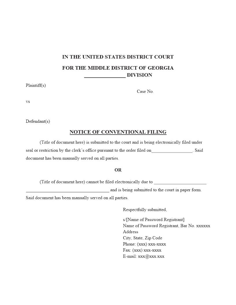 Notice Of Conventional Filing | Pdf Fpdf Docx | Georgia