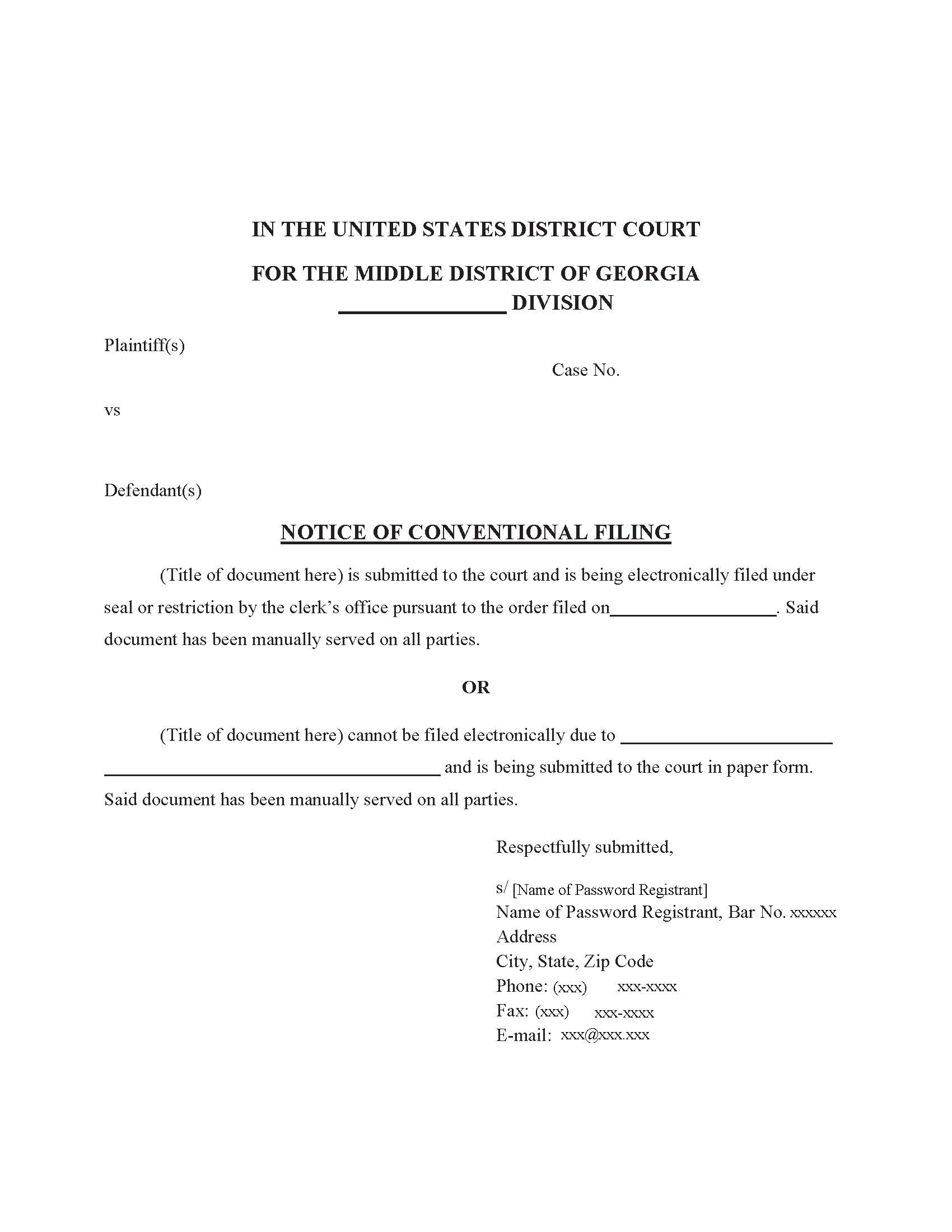 Notice Of Conventional Filing | Pdf Fpdf Docx | Georgia