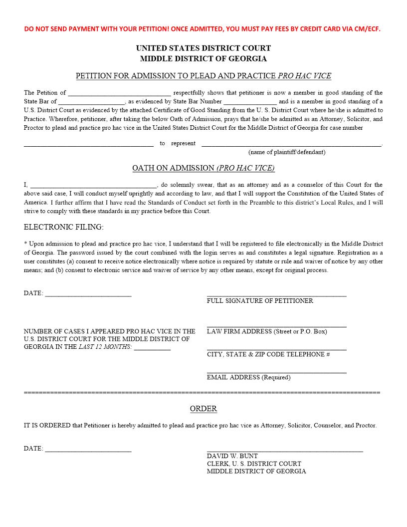 Petition For Admission To Plead And Practice Pro Hac Vice | Pdf Fpdf Doc Docx | Georgia