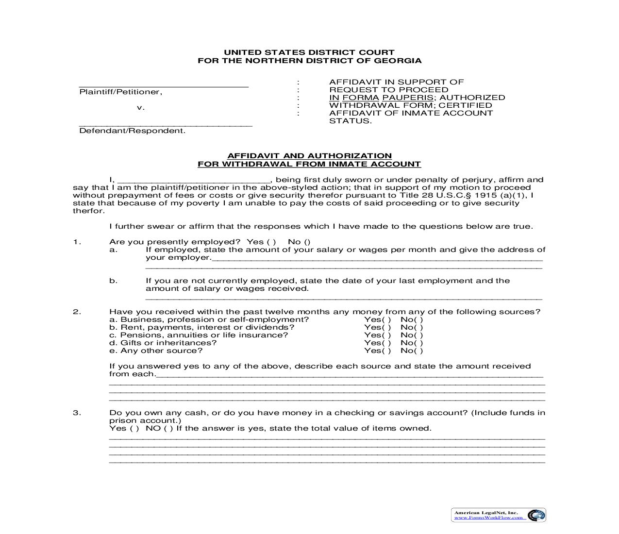 Affidavit And Authorization For Withdrawal From Inmate Account | Pdf Fpdf Doc Docx | Georgia