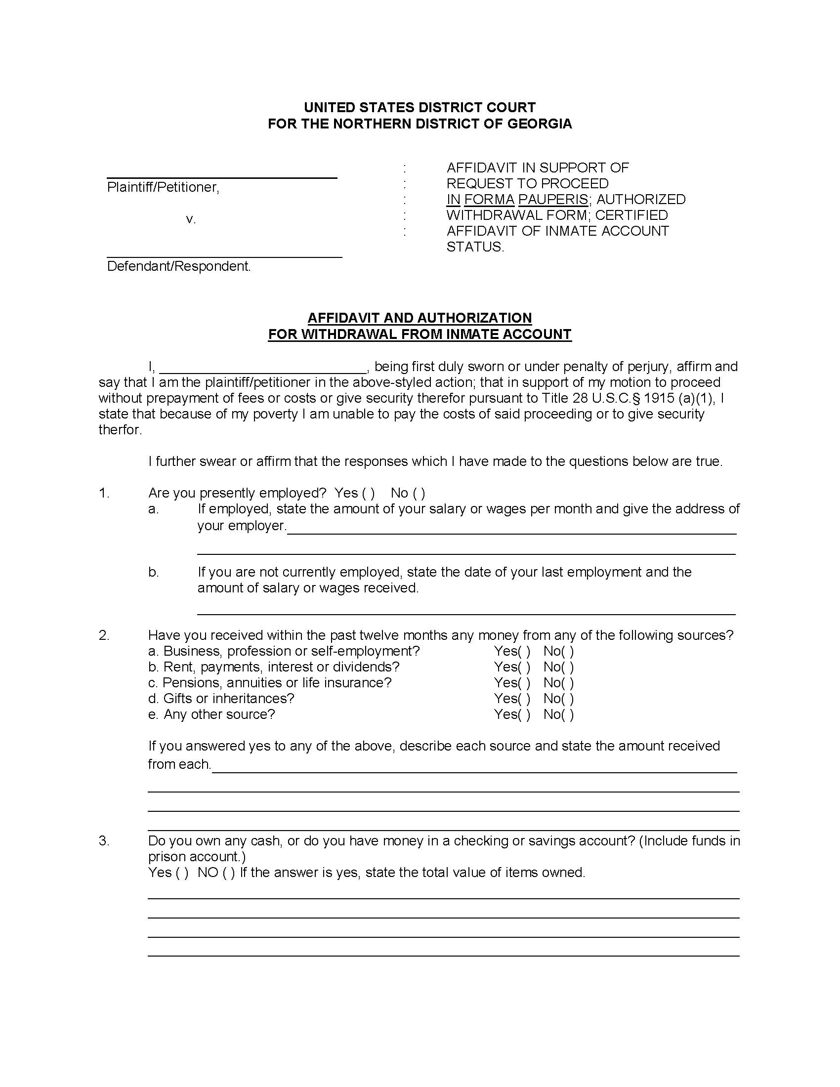 Affidavit And Authorization For Withdrawal From Inmate Account | Pdf Fpdf Doc Docx | Georgia