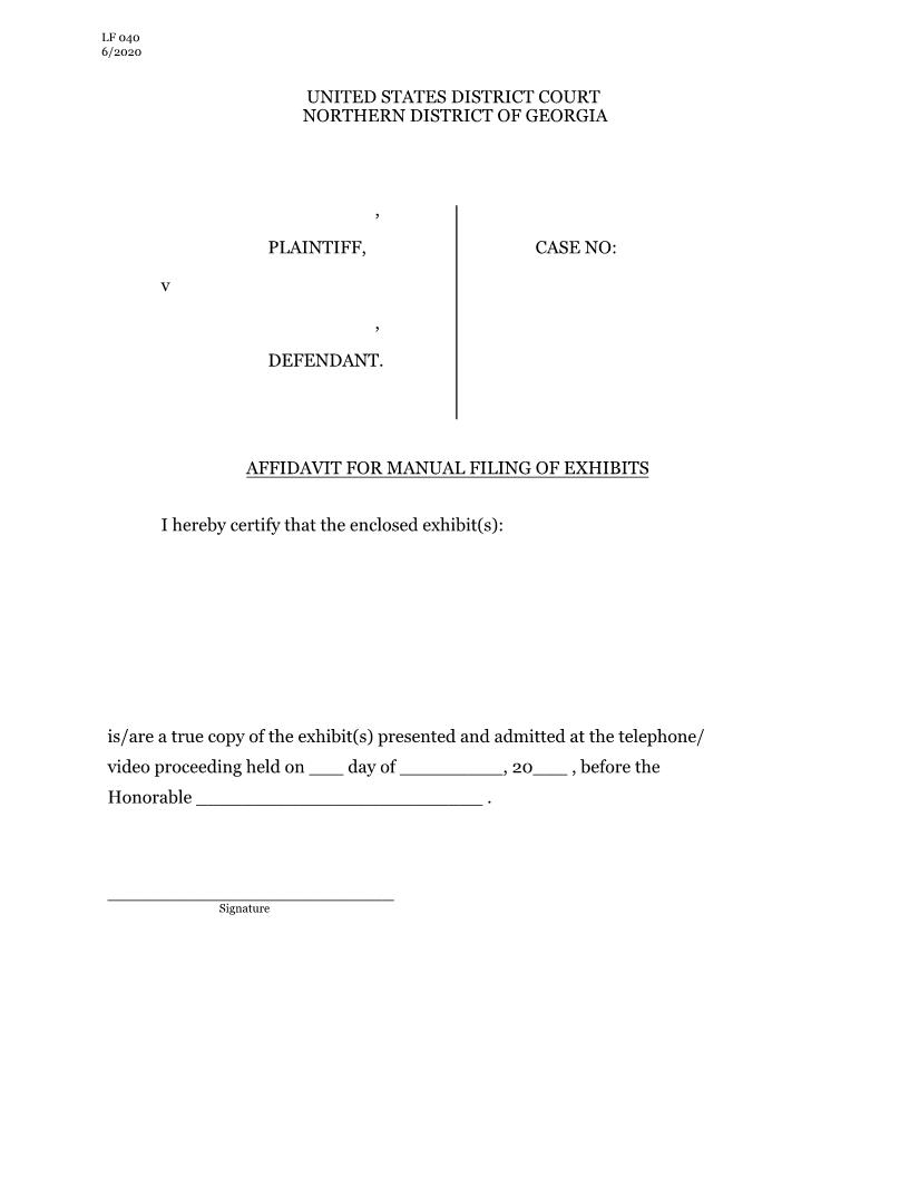 Affidavit For Manual Filing Of Exhibits {LF 040} | Pdf Fpdf Docx | Georgia