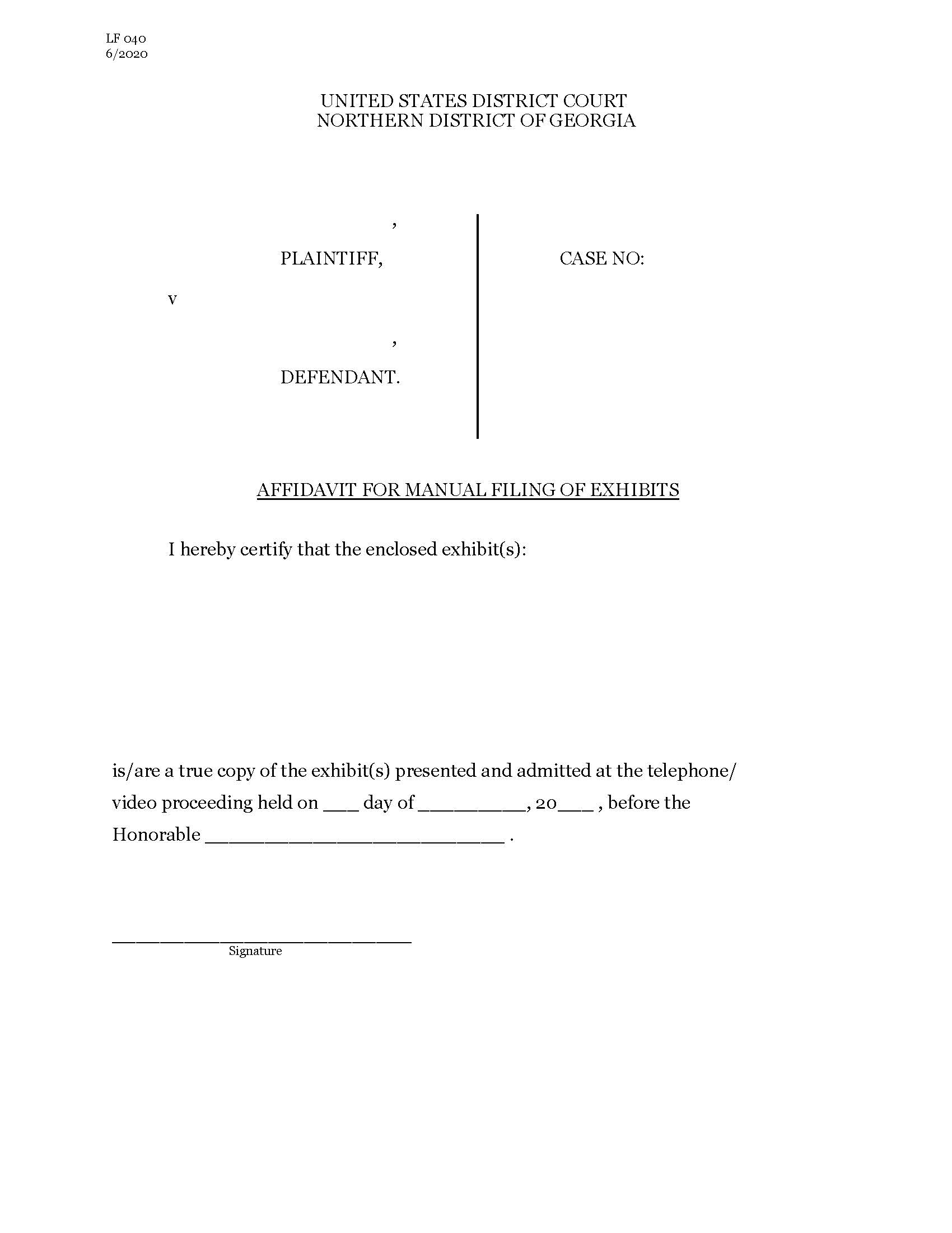 Affidavit For Manual Filing Of Exhibits {LF 040} | Pdf Fpdf Docx | Georgia