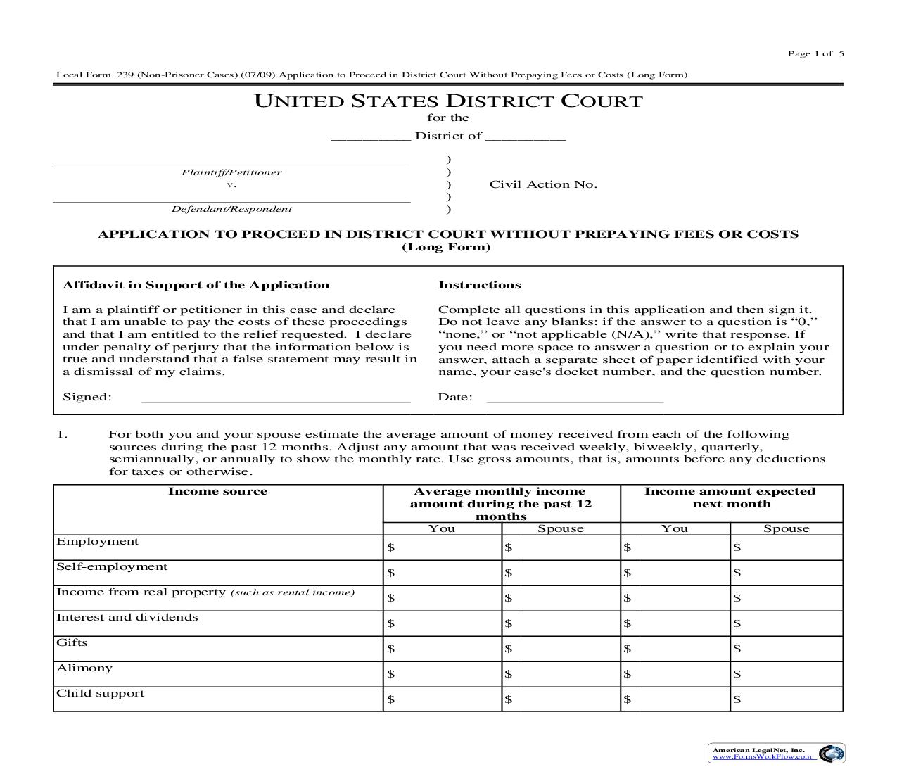 Application To Proceed In District Court Without Prepaying Fees Or Costs {239} | Pdf Fpdf Doc Docx | Georgia
