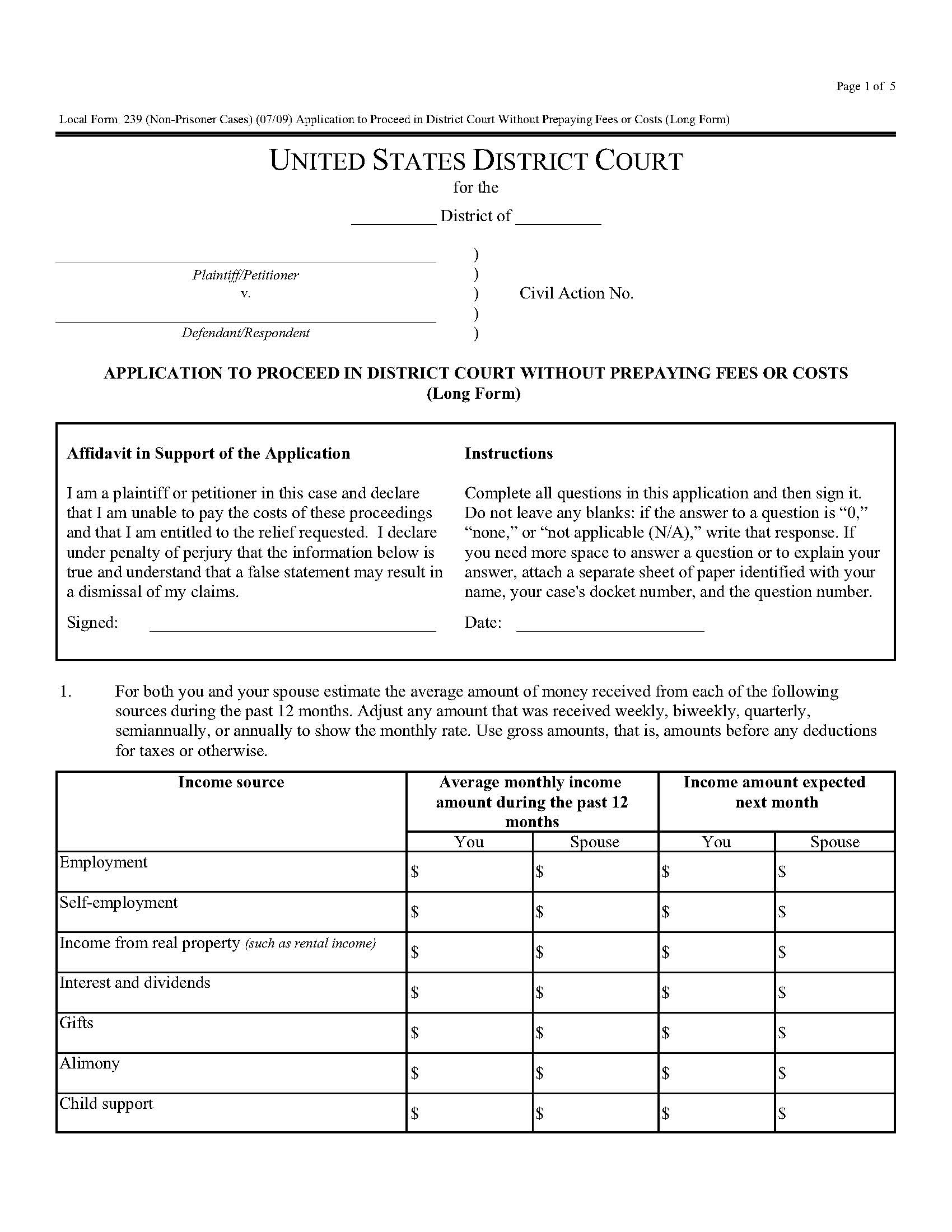 Application To Proceed In District Court Without Prepaying Fees Or Costs {239} | Pdf Fpdf Doc Docx | Georgia
