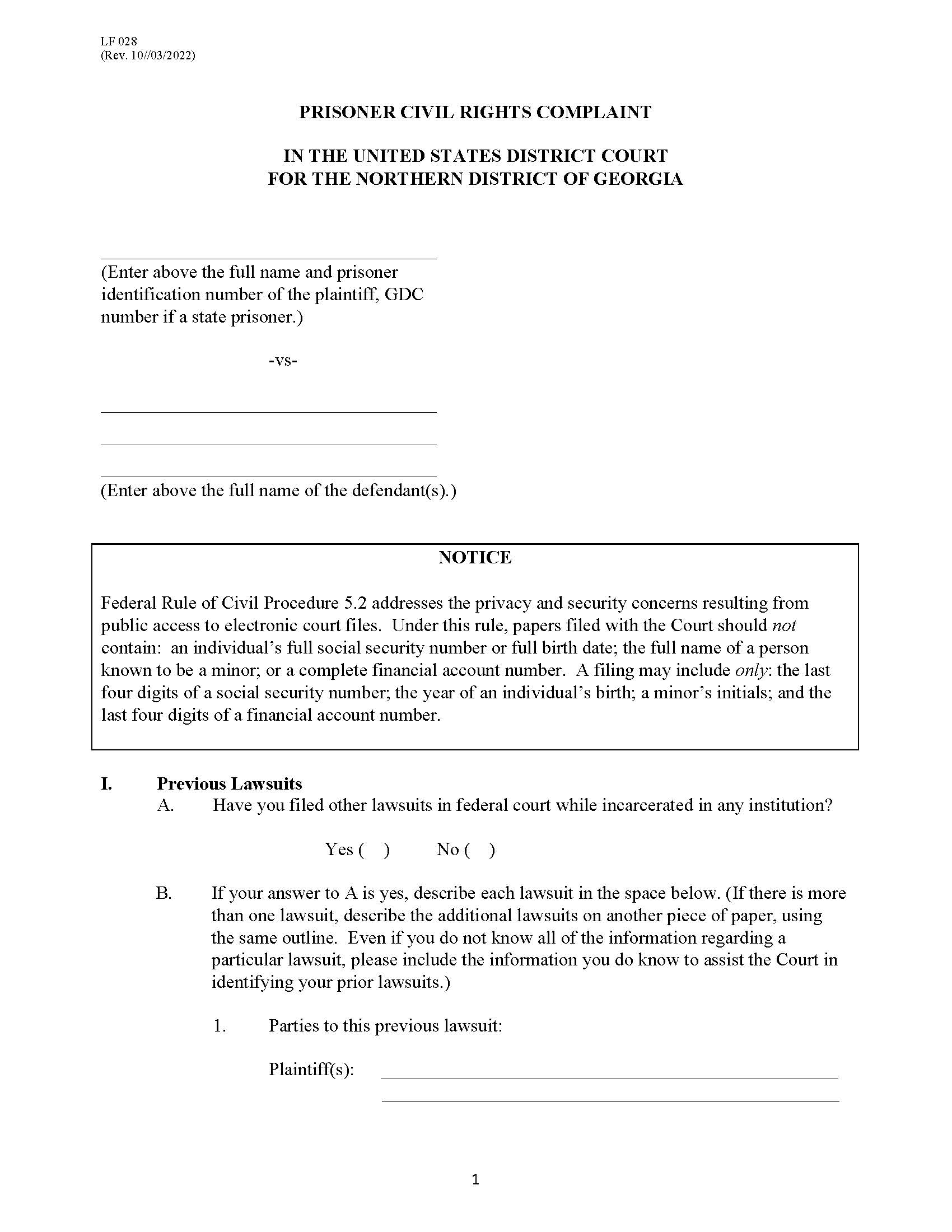 Civil Rights Complaint (42USC1983) (For Prisoner) | Pdf Fpdf Doc Docx | Georgia