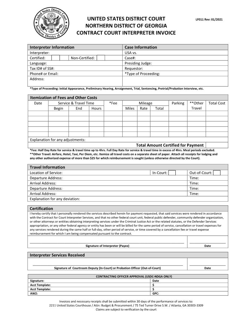 Contract Court Interpreter Invoice {LF011} | Pdf Fpdf Docx | Georgia