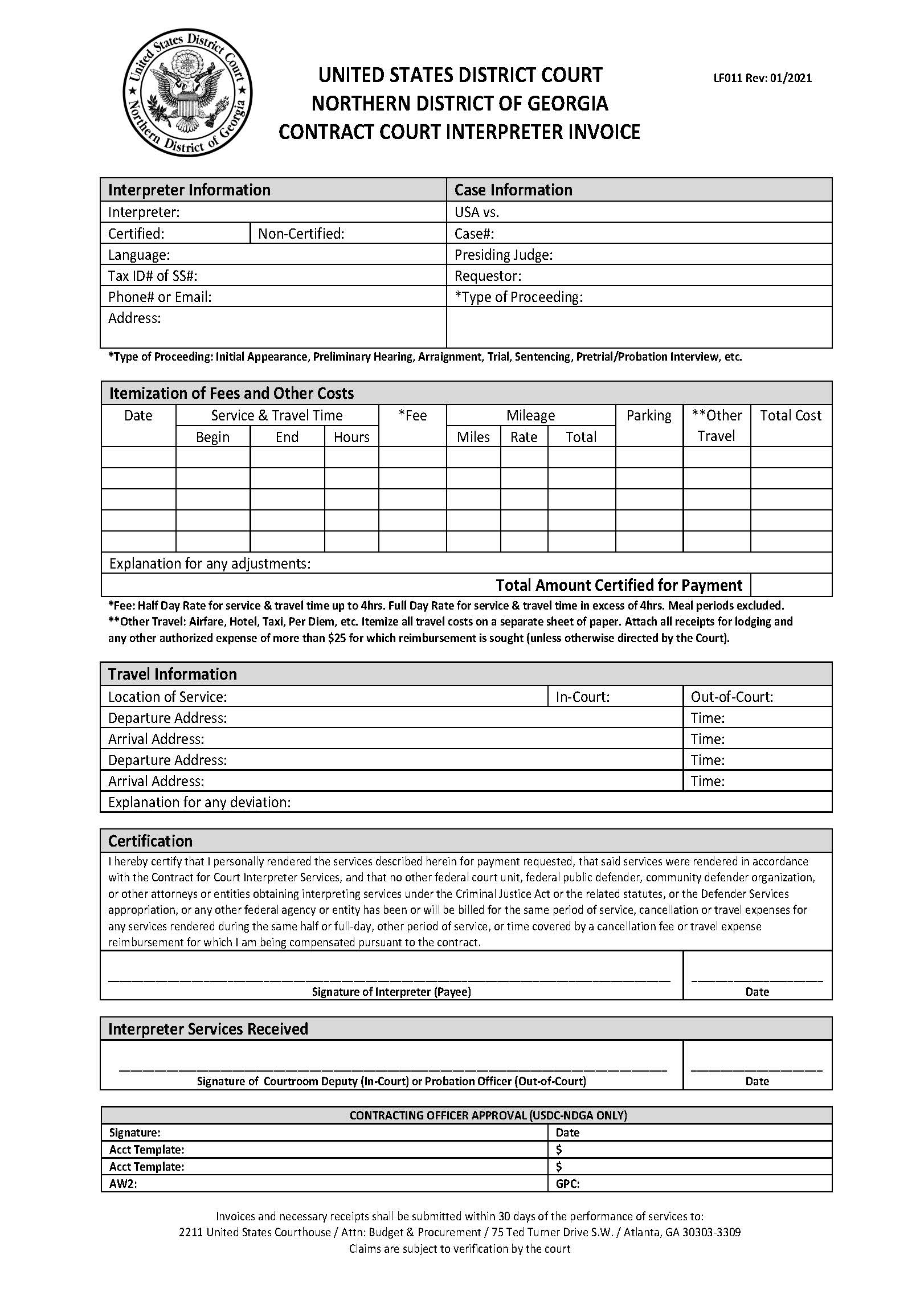Contract Court Interpreter Invoice {LF011} | Pdf Fpdf Docx | Georgia