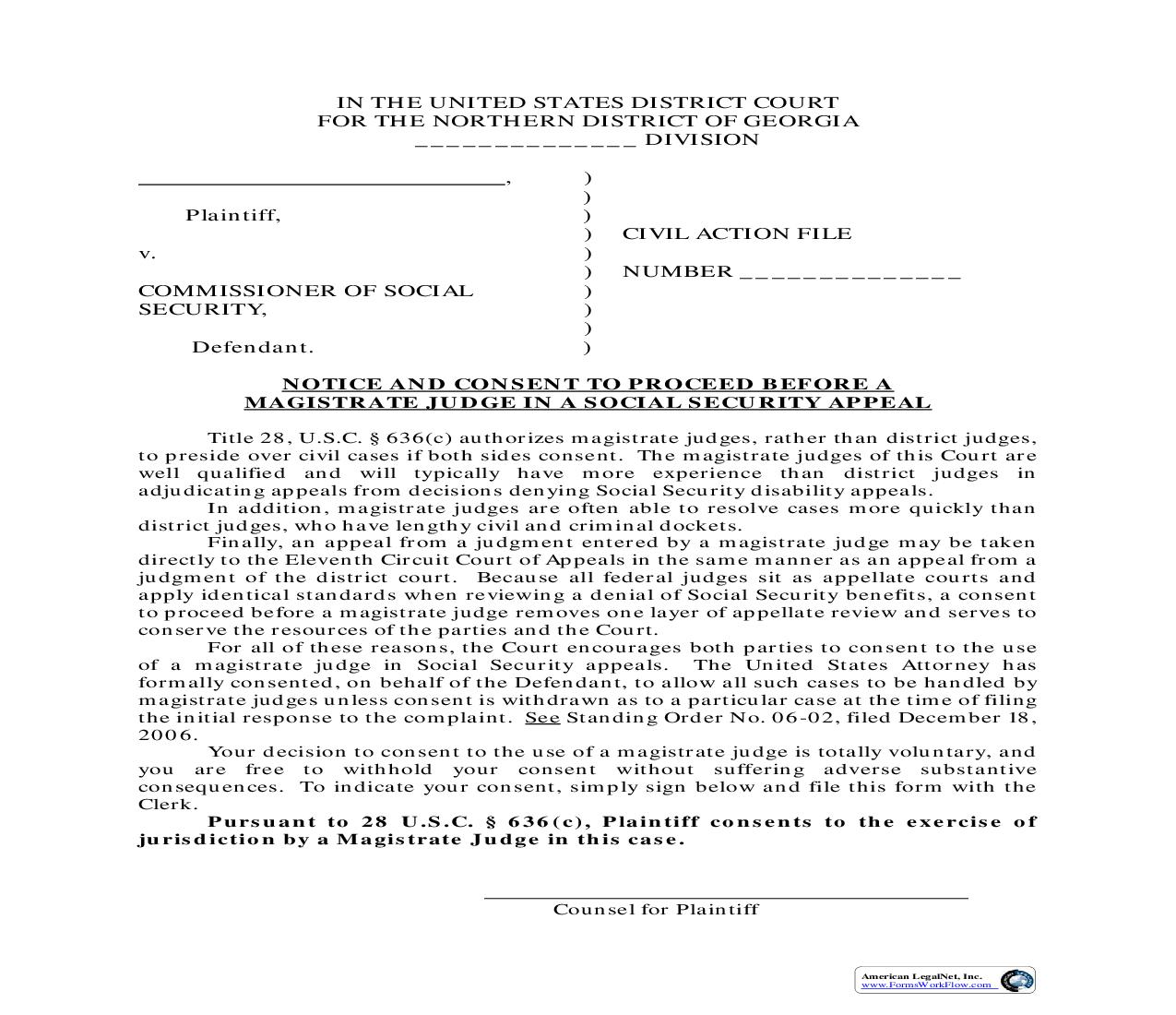 Notice And Consent To Proceed Before A Magistrate Judge | Pdf Fpdf Doc Docx | Georgia