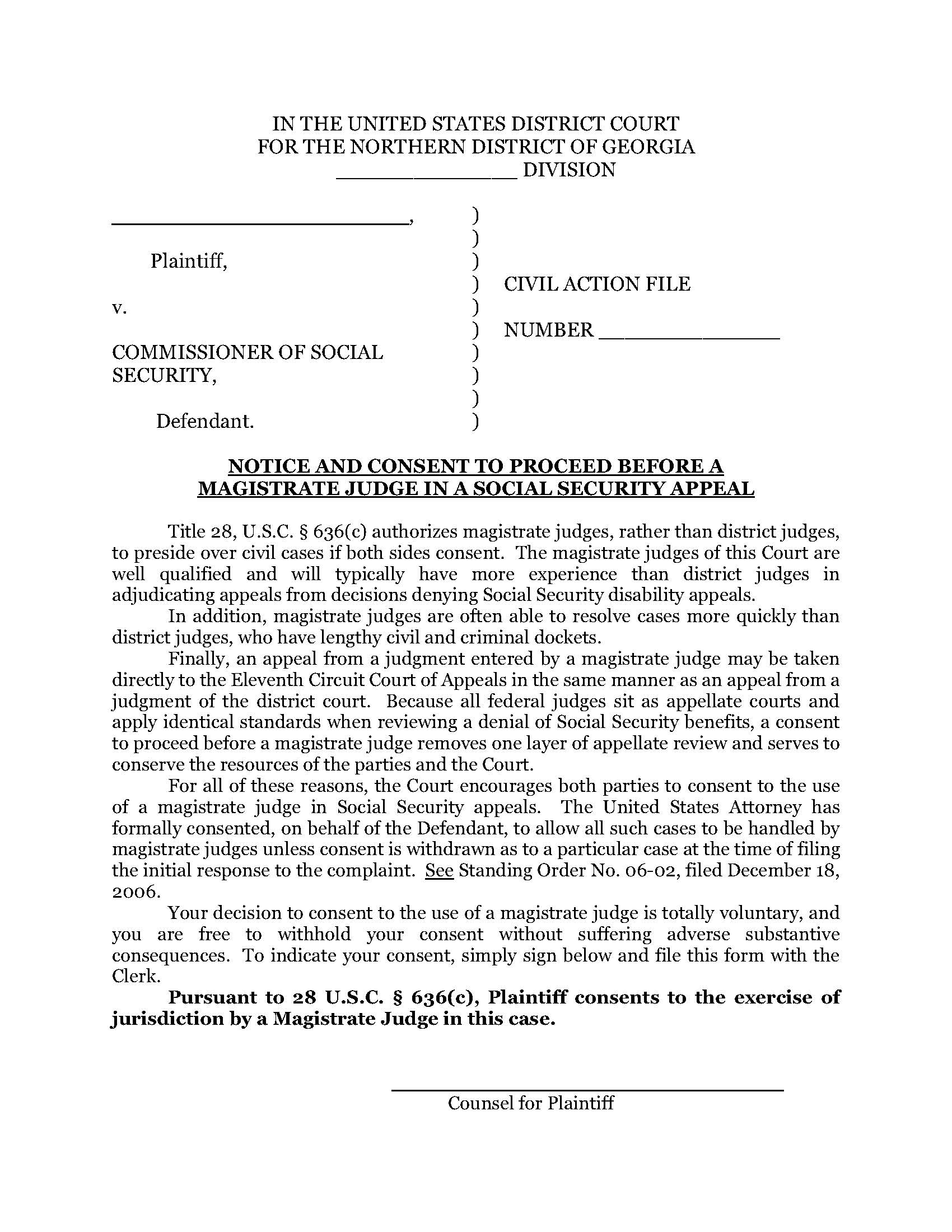 Notice And Consent To Proceed Before A Magistrate Judge | Pdf Fpdf Doc Docx | Georgia