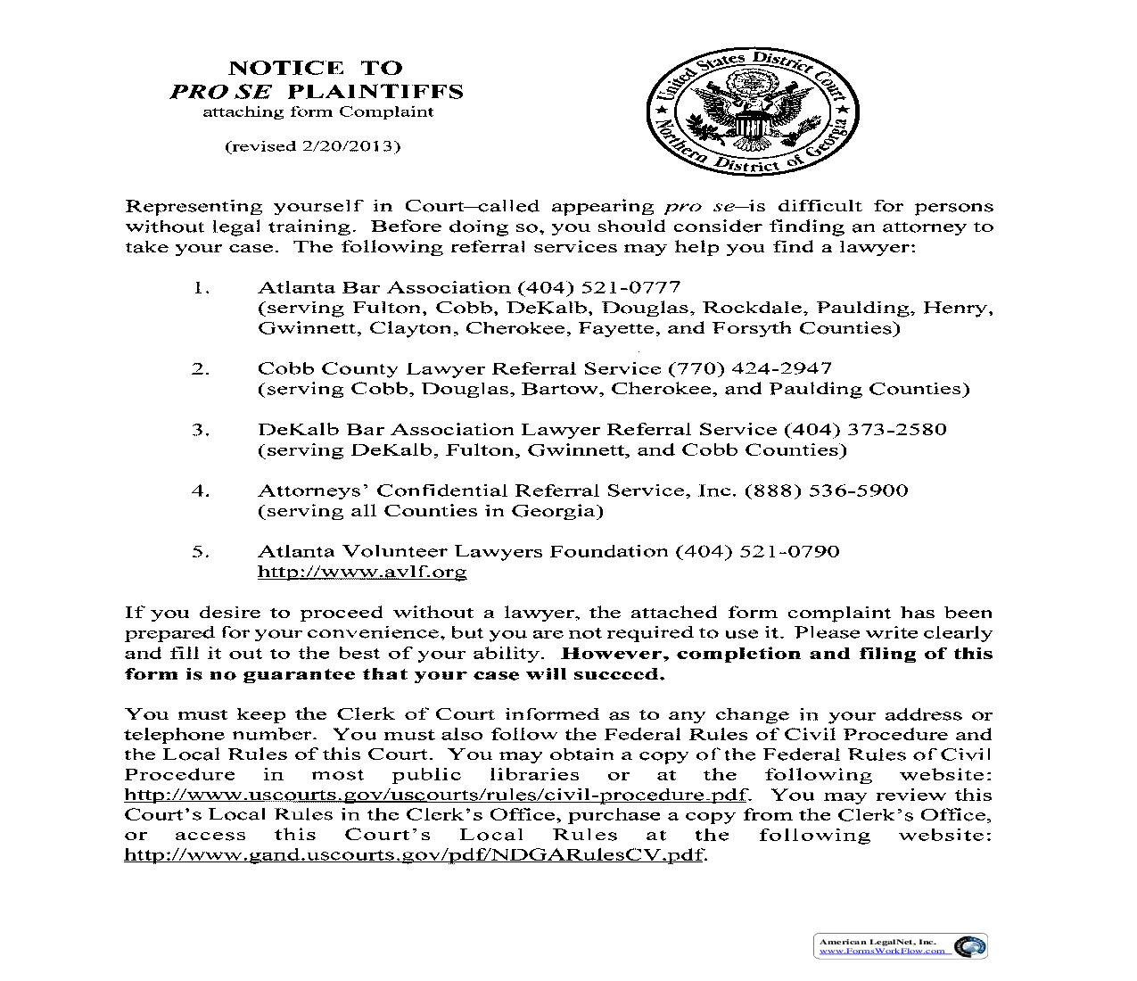 Pro Se Employment Discrimination Complaint Form | Pdf Fpdf Doc Docx | Georgia