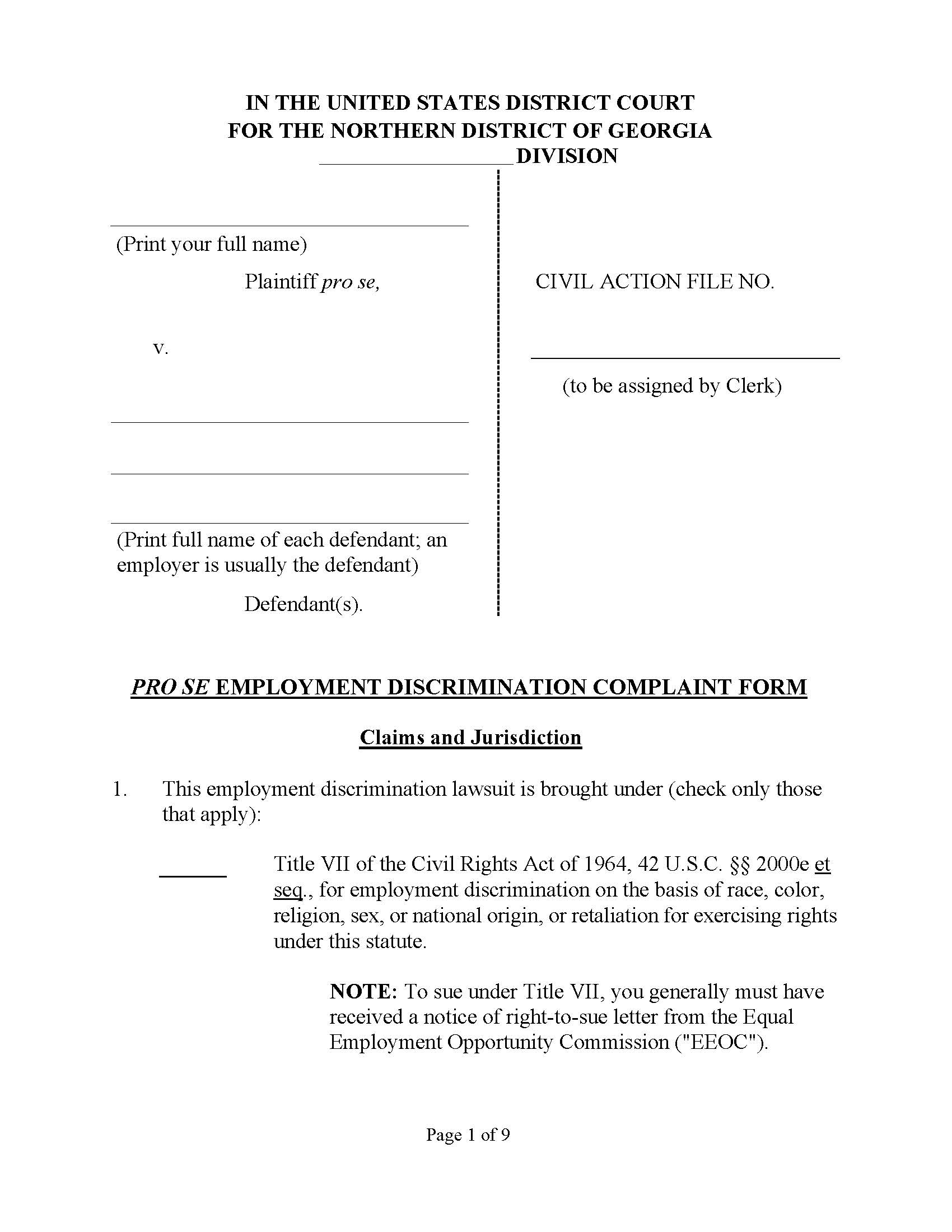 Pro Se Employment Discrimination Complaint Form | Pdf Fpdf Doc Docx | Georgia