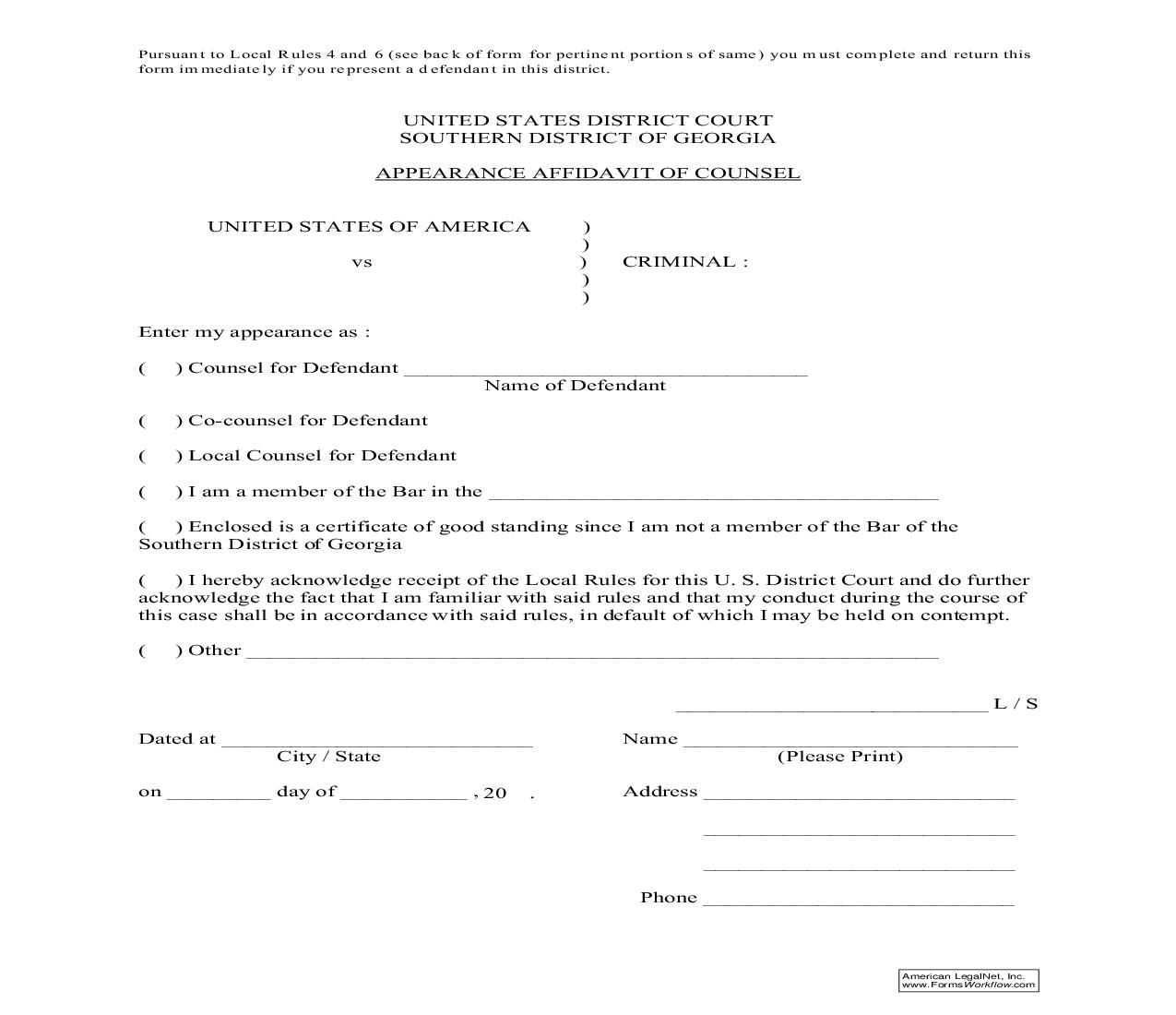 Appearance Affidavit Of Counsel | Pdf Fpdf Doc Docx | Georgia