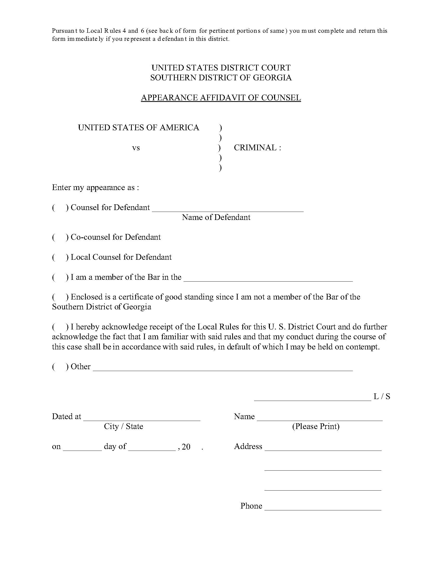 Appearance Affidavit Of Counsel | Pdf Fpdf Doc Docx | Georgia