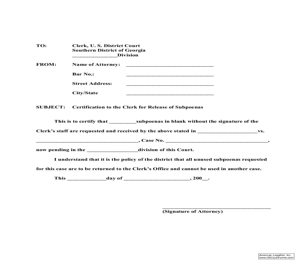 Certification For Release Of Subpoenas | Pdf Fpdf Doc Docx | Georgia